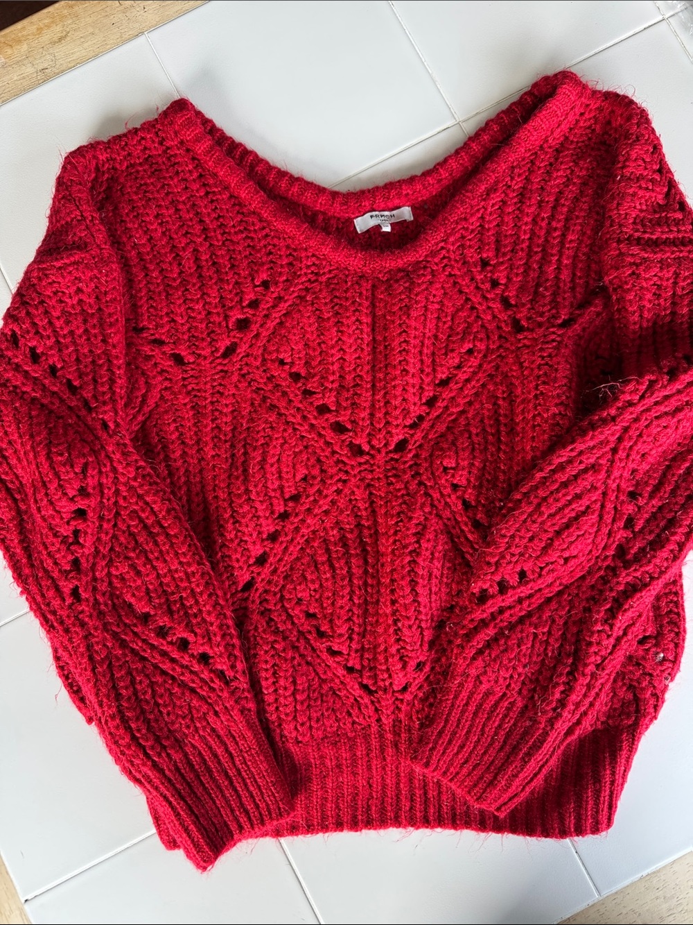 FRNCH Red Chunky Cable Knit Scoop Sweater